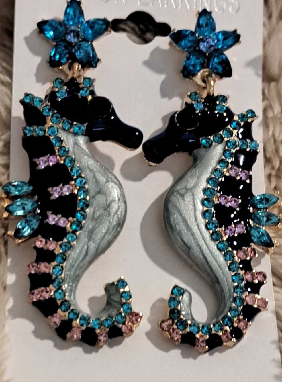 Seahorse Drop Earrings in Black, Silver, Turquoise & Pink